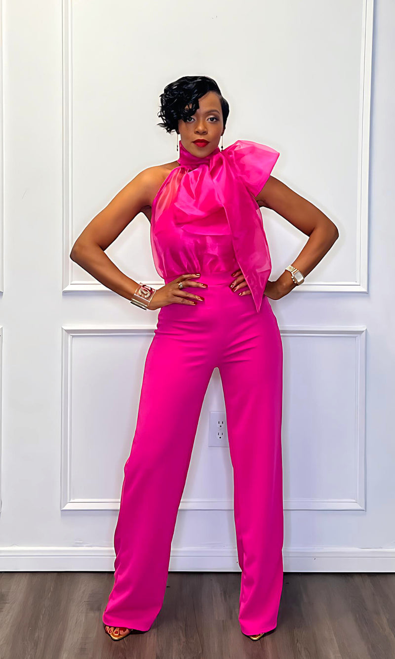 Shanice Sheer Bow Top Pink Jumpsuit