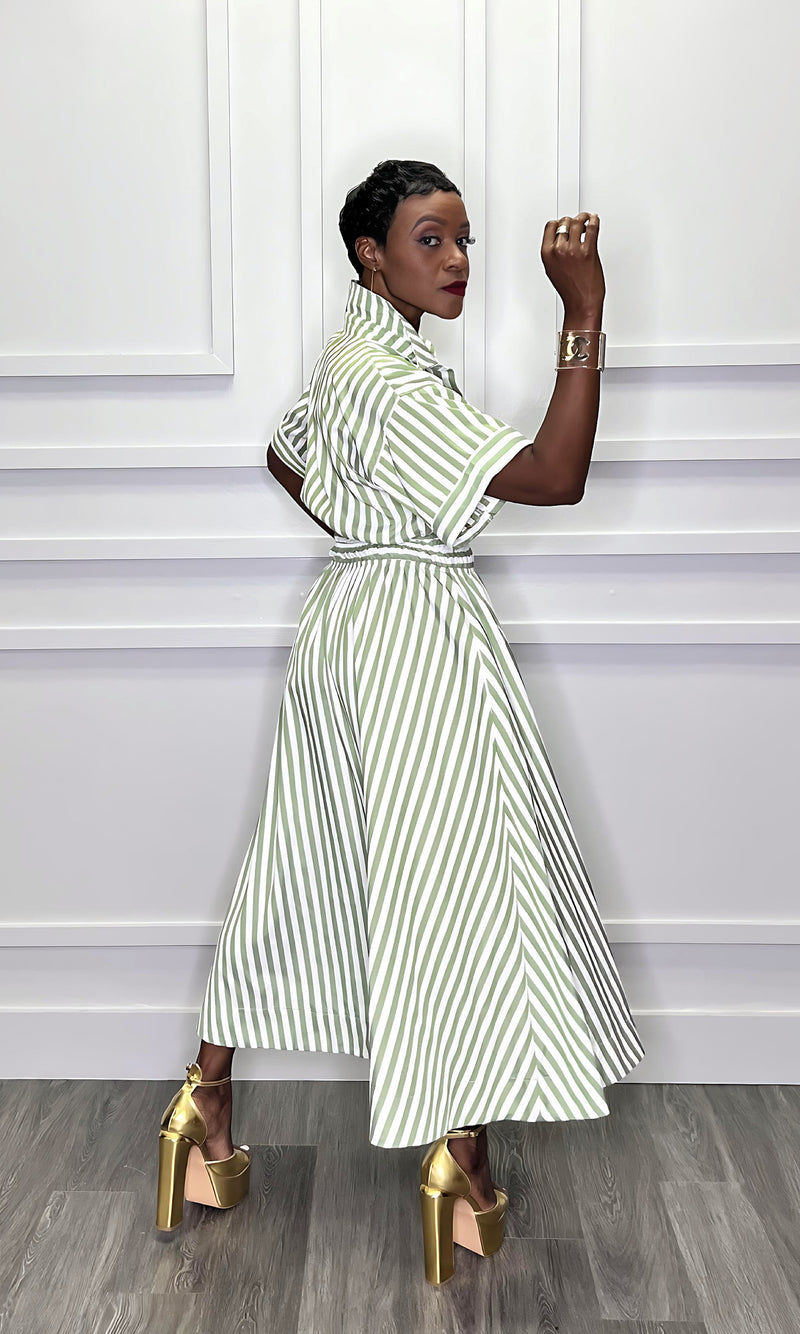 Skylar Green Striped Fit and Flare Midi Dress