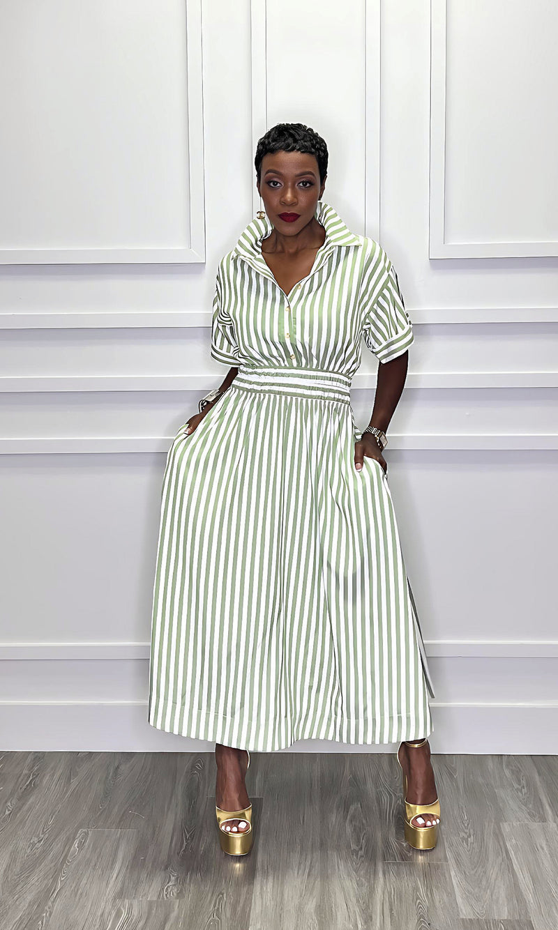 Skylar Green Striped Fit and Flare Midi Dress